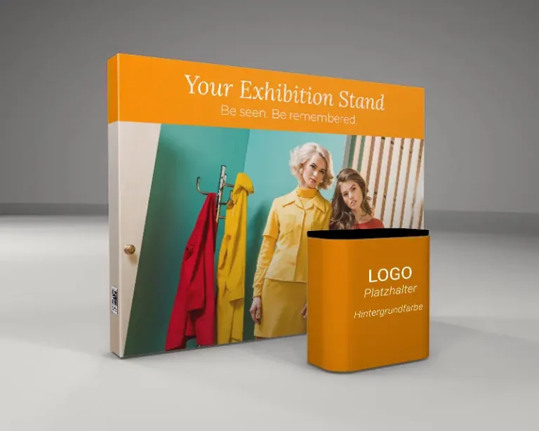 Messestand mit Faltdisplay und Tisch, modernes Messestand-Design für Unternehmen