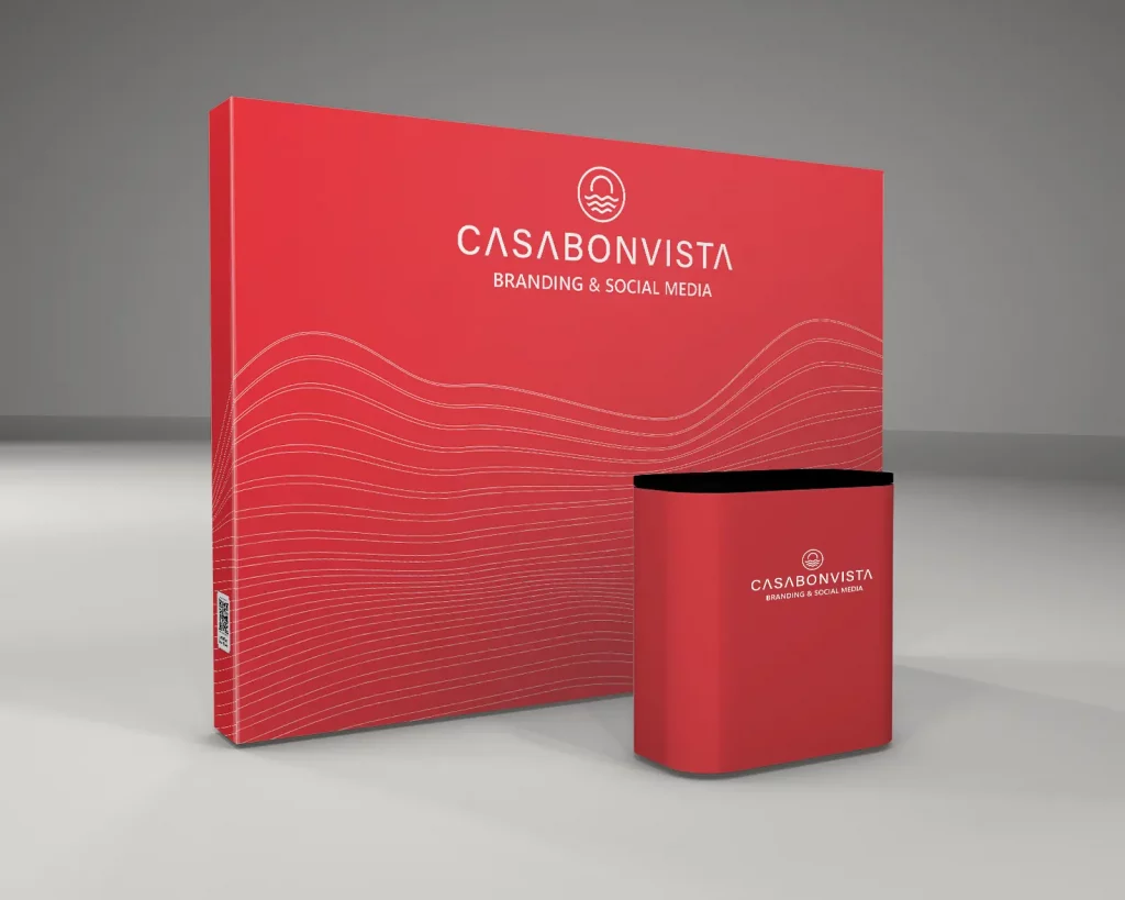 Messestand mit Faltdisplay und Tisch, modernes Messestand-Design für Unternehmen