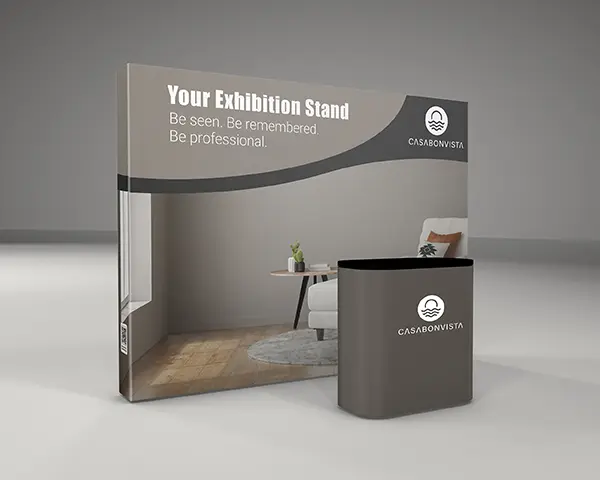 Messestand mit Faltdisplay und Tisch, modernes Messestand-Design für Unternehmen