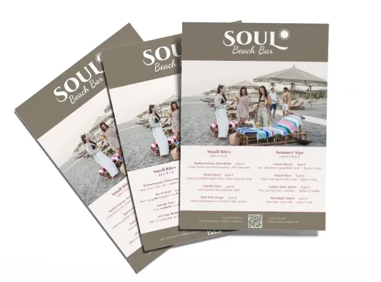 Promotional flyer for a beach bar featuring hospitality branding, food and beverage marketing, copywriting and professional print design.