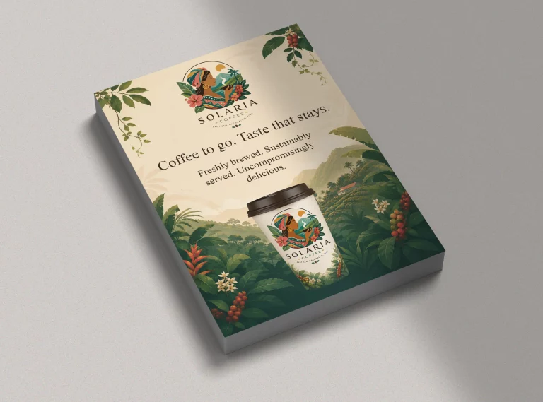 Premium coffee branding featuring flyer design, takeaway cup packaging and promotional marketing materials.