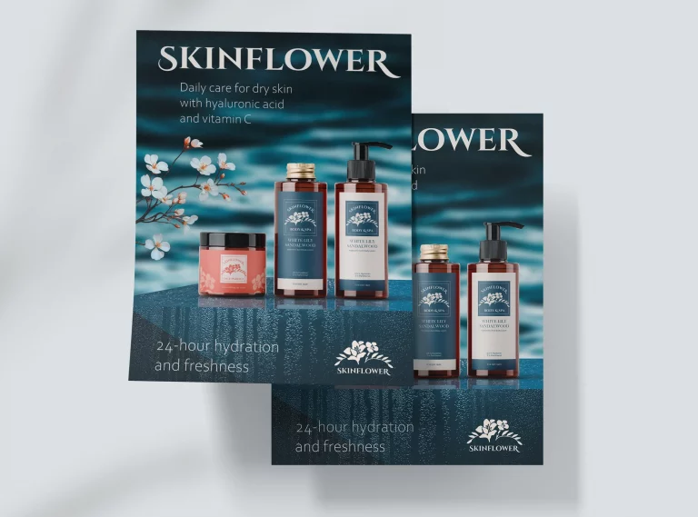 Complete cosmetic branding project featuring logo design, product labels, packaging, advertising design and premium skincare branding.