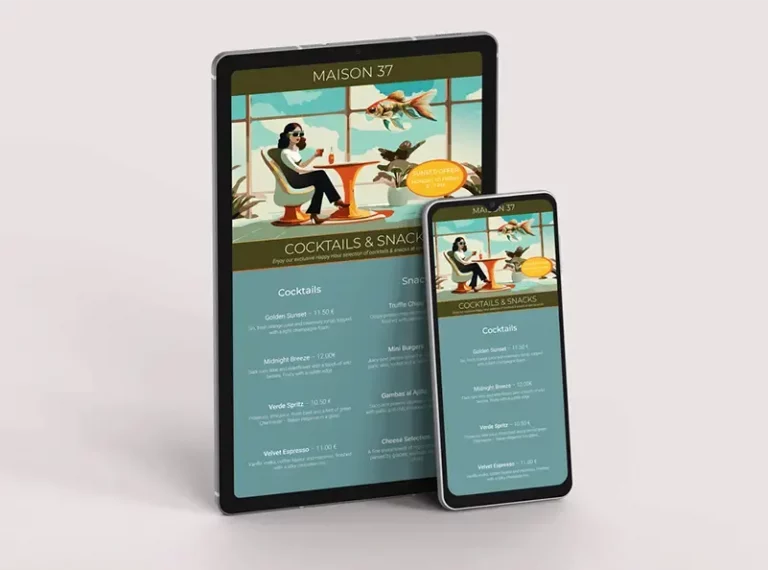 Responsive digital restaurant menu displayed on tablet and smartphone for restaurants, cafés and hospitality businesses.