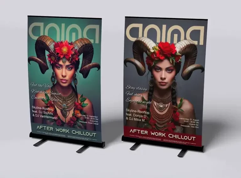 Roll-up banners and promotional posters designed for event branding, hospitality marketing and large-format print campaigns.