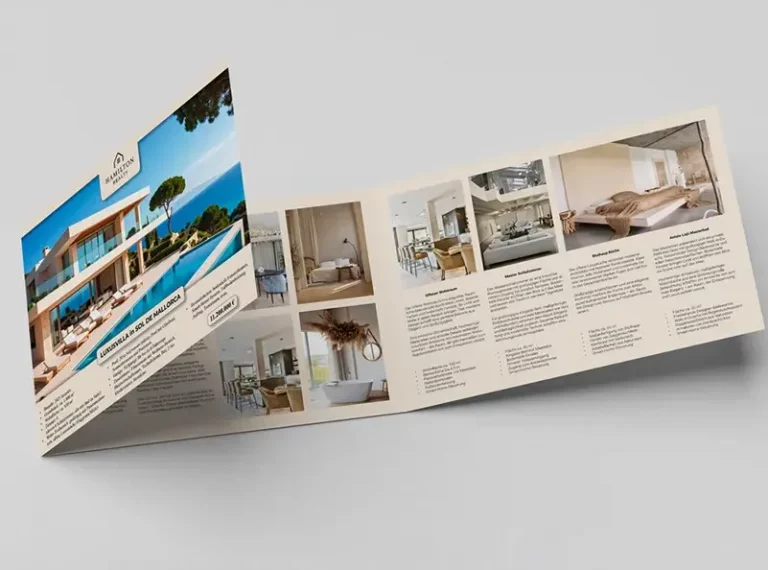 Luxury real estate brochure featuring editorial layout, professional property photography and premium print design.