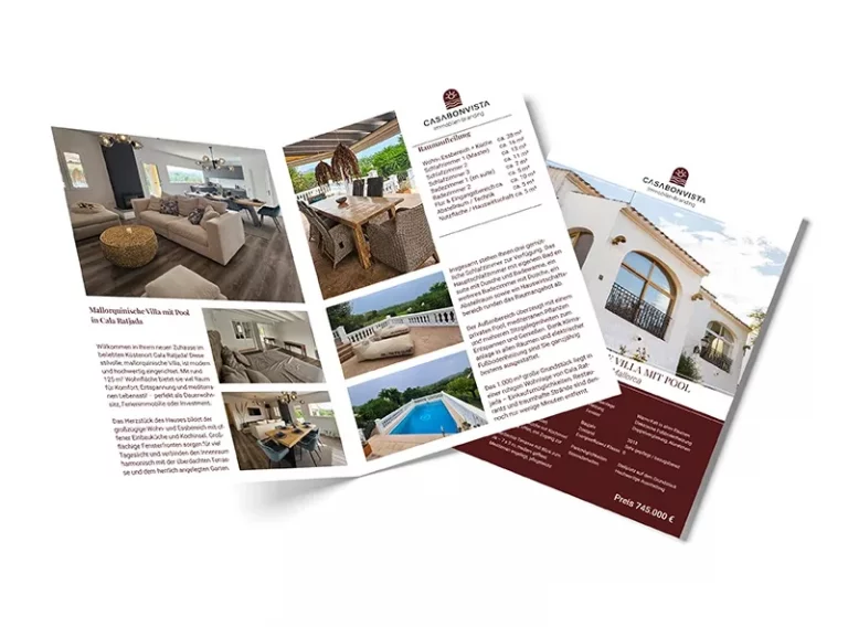 Luxury real estate brochure with editorial layout, property photography and premium marketing presentation.