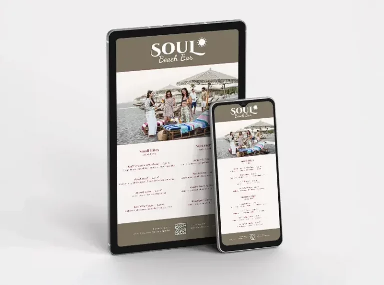 Responsive digital menu displayed on tablet and smartphone for restaurants, cafés and hospitality businesses.