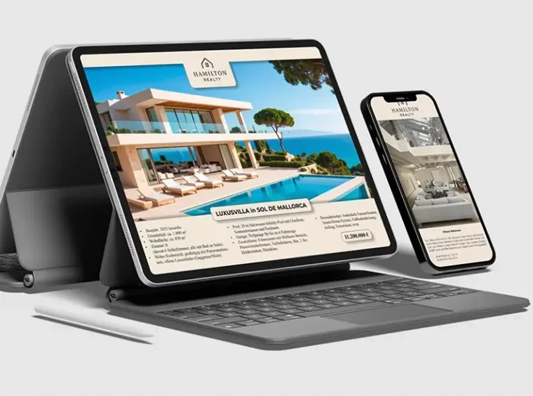 Responsive real estate website displayed on tablet and smartphone featuring luxury property presentation, branding and digital marketing.