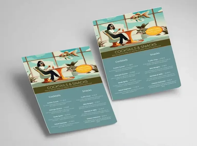 Professionally designed restaurant menu featuring cocktail and snack selections for hospitality branding and guest experience.